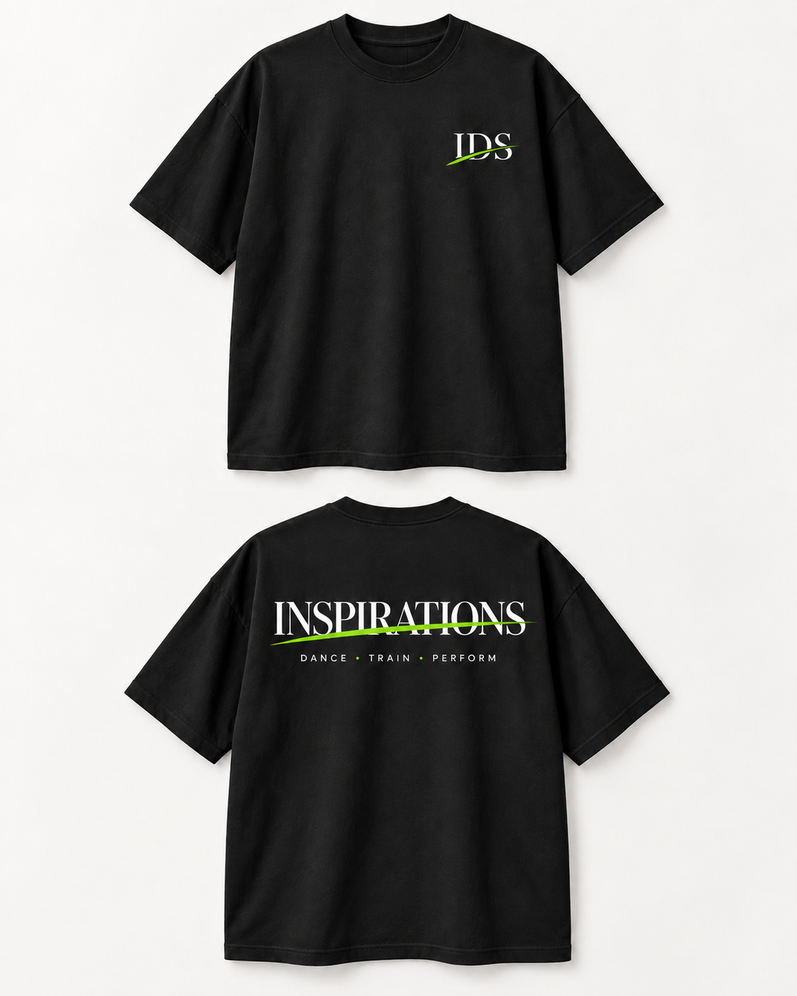 Dance. Train. Perform. shirt design mockup showing front and back