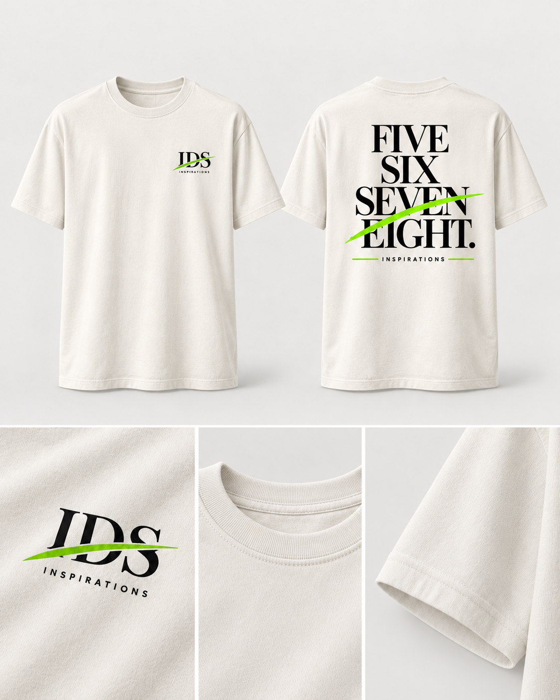 Five Six Seven Eight shirt design mockup showing front and back