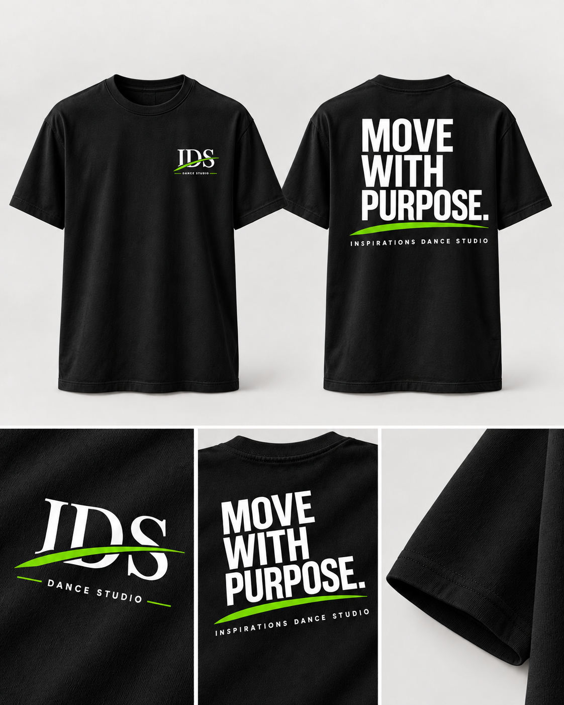 Move with purpose shirt design mockup showing front and back